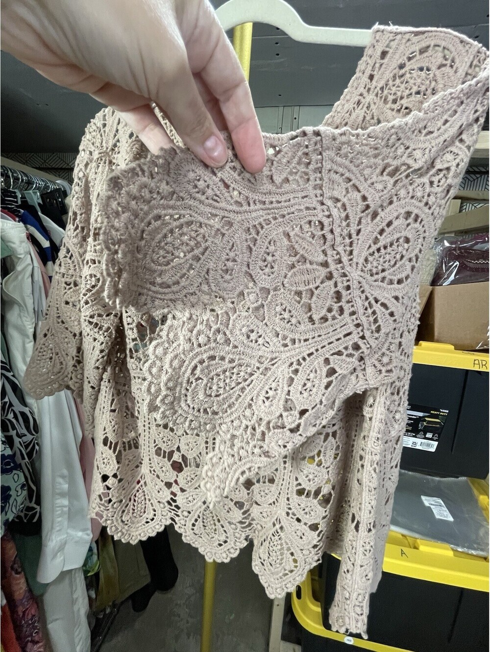 Unbranded Beige Open Knit Crochet Lace Top Womens XL Bell Sleeve Fairycore Boho - Picture 3 of 5